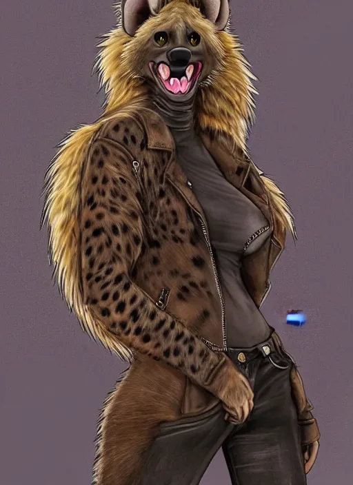 Image similar to award winning beautiful portrait commission of a female furry anthro hyena fursona with a bushy tail and a leather jacket, in a rock bar!!, cute, beautiful, attractive, detailed,