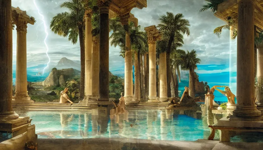 Image similar to From Inside the giant Palace, mediterranean balustrade and columns line, refracted sparkles, thunderstorm, greek pool, beach and Tropical vegetation on the background major arcana sky and occult symbols, by paul delaroche, hyperrealistic 4k uhd, award-winning, very detailed paradise