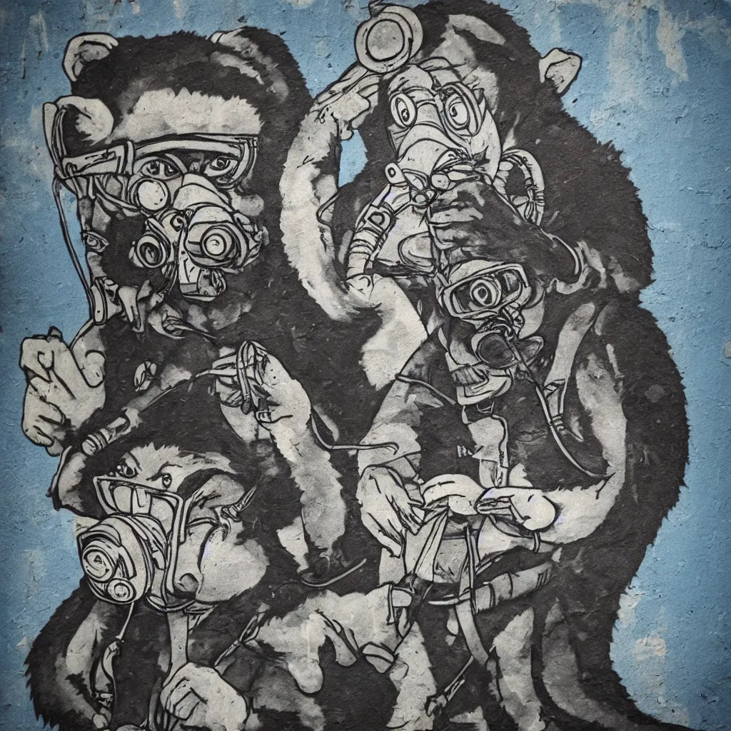 Prompt: Monkey reading a book, wearing a gas mask, graffiti, edge to edge, solid color background intricate, highly detailed, smooth, sharp focus, detailed face and body, high contrast