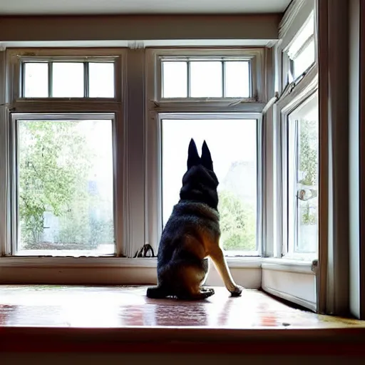 Prompt: a german shepherd puppy sits on the sofa near a bay window in a small cozy kitchen. in front of the sofa is a kitchen table made out of wood. lots of art hang on the kitchen walls. the puppy waits patiently and is looking out the window. outside it's warm and sunny. muted colors, in the style of bill watterson.