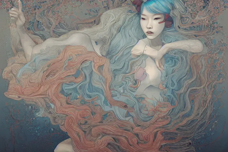 Prompt: Lee Jin-Eun by James Jean, rule of thirds, seductive look, beautiful, in flowy multiversal electrifying waters