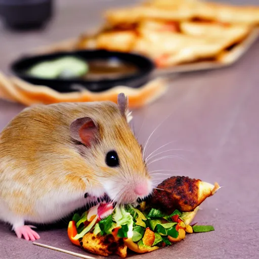 Image similar to detailed photo of a hamster eating a kebab, outdoors, various poses, full body, unedited, daylight, 8 k