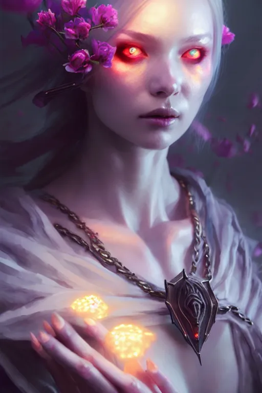 Image similar to beautiful necromancer girl, sorceress turning into flowers, three - dimensional rendering, hyperrealistic detailed portrait holding light and electricity, ruan jia, clap. scifi, fantasy, magic the gathering, overdetalized, octane rendering, concept art by artgerm, peter murbacher