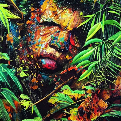 Prompt: varnished oil painting in right colors, high dynamic range, hyper realism, by katsuhiro otomo : (subject= jungle + subject detail= high definition highly detailed) +(background= vibrant color splatters,black background)