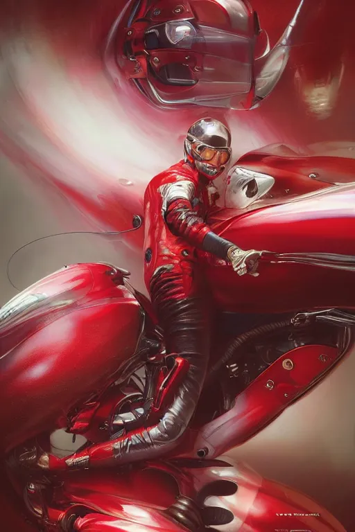 Image similar to Speed Racer, realistic and ultra intricate detailed soft painting, volumetric lighting, mist, chains and red fluid background, artstation, Tom Bagshaw Yasushi Nirasawa Moebius artstyle, unreal render, depth of field