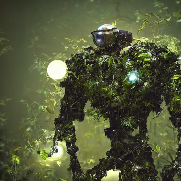 Image similar to overgrown foliage taking over an abandoned robot body, close - up, 3 5 mm, biopunk, bokeh, beautiful, lens flare, emotional, sweet, flowers, detailed, picture, trending on artstation, award - winning, shiny, golden