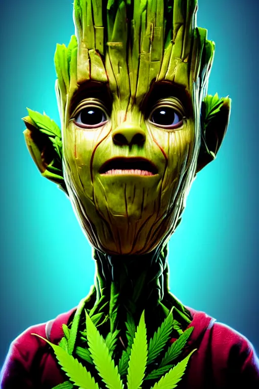 Image similar to duotone concept illustration 3 / 4 portrait of kid face consisting of marijuana, baby groot, cannabis!, high quality 3 d render very cute cyborg groot! incorporated speakers!, cyberpunk highly detailed, unreal engine cinematic smooth, in the style of blade runner & detective pikachu, hannah yata charlie immer, moody light, low angle, uhd 8 k, sharp focus