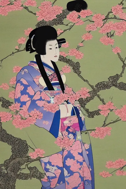 Image similar to a japanese queen portrait wearing a kimono in the art style of japan, with cherry blossom trees in the background, incredibly detailed and beautiful painting