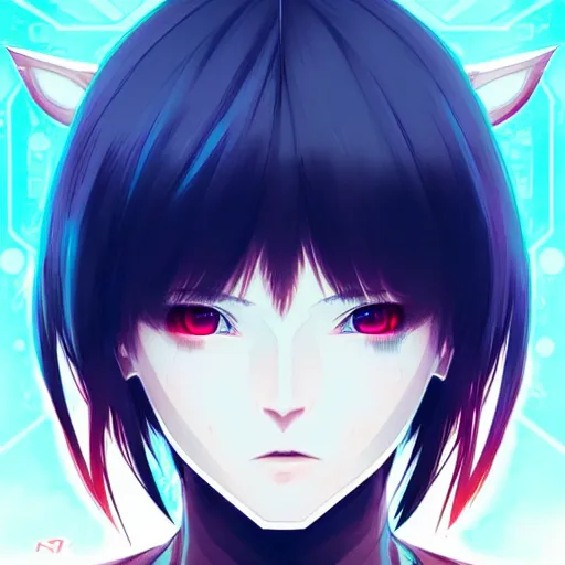 Image similar to digital cyberpunk anime character concept art, gorgeous anime girl symmetrical face, small female android cyborg - angel, glowing red left eye and glowing blue right eye, fullbody!! wlop, rossdraws sakimimichan, ilya kuvshinov, krenz cushart, greg rutkowski.