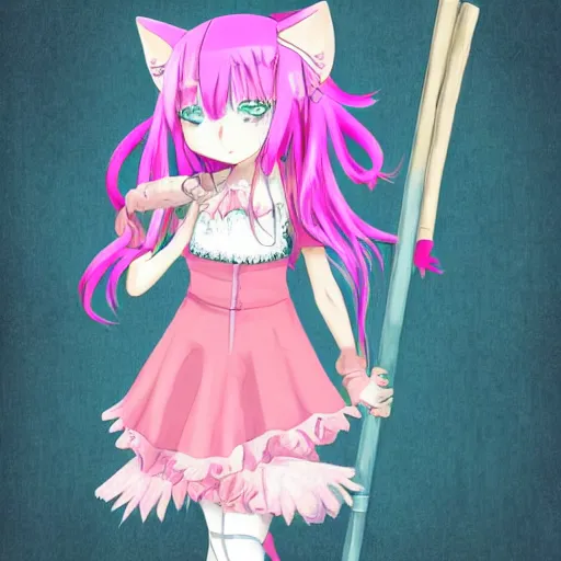 Image similar to pink hair anime cat girl, high quality digital art, video game character, frilly cloth dress, holding a wooden staff