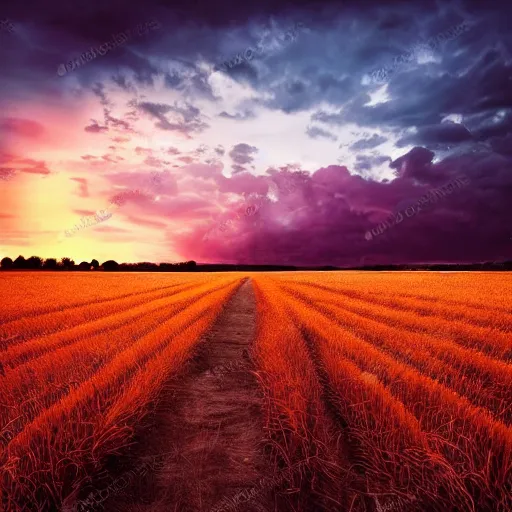 Image similar to crop field at sunset, ominous sky, professional dslr photo, computer art, concept art, insane detail, beutiful landscape, creative composition