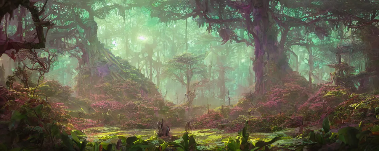 Image similar to detailed concept art illustration colorful pastel painting of a lowpoly sci-fi fantasy forest in full intricate detail, ultra detailed, digital art, octane render, 4K, dystopian, micro details