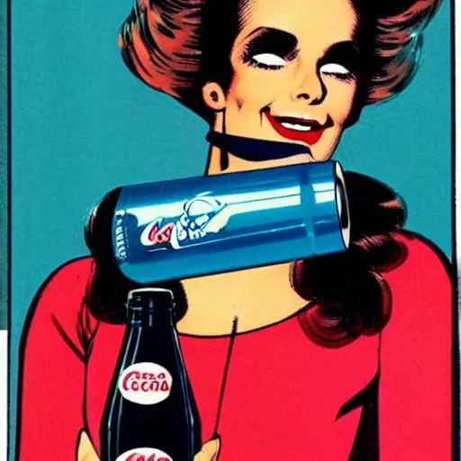 Image similar to a 1980s supermodel holding a coke bottle in her left hand about ready to take a sip, comicbook silver age style