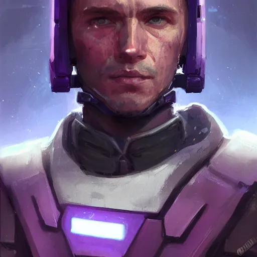 Prompt: portrait of a man by greg rutkowski, a soldier of the galactic dominion, wearing a purple tactical gear, star wars expanded universe, highly detailed portrait, digital painting, artstation, concept art, smooth, sharp foccus ilustration, artstation hq