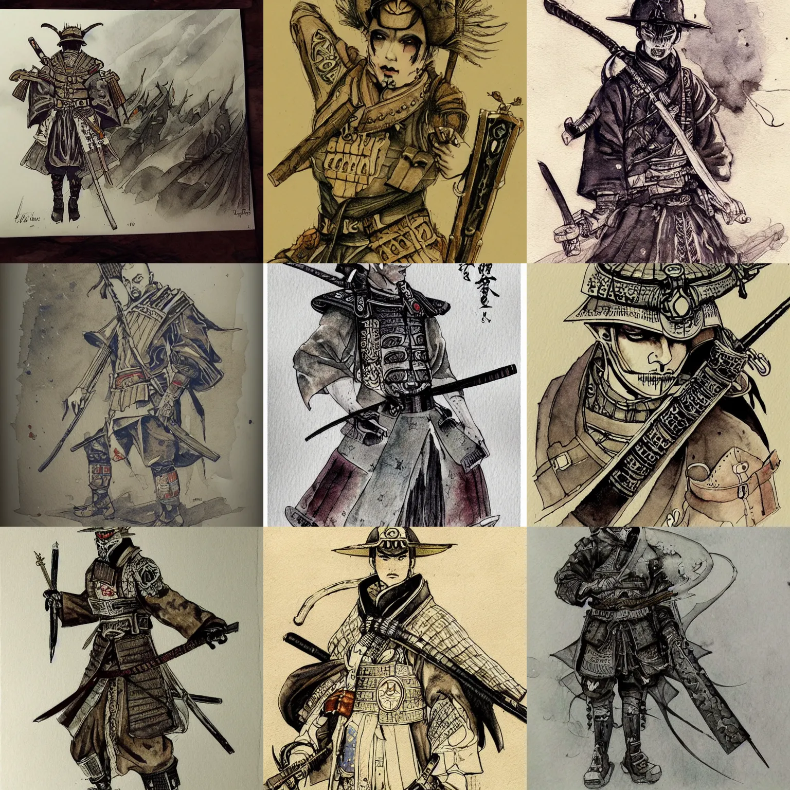 Prompt: beautiful aesthetic inspirational masterful professional ink pen and watercolor sketch of an occult mystical eerie satanic dieselpunk samurai in ww 1 verdun, fine details, trending on artstation, high quality paper