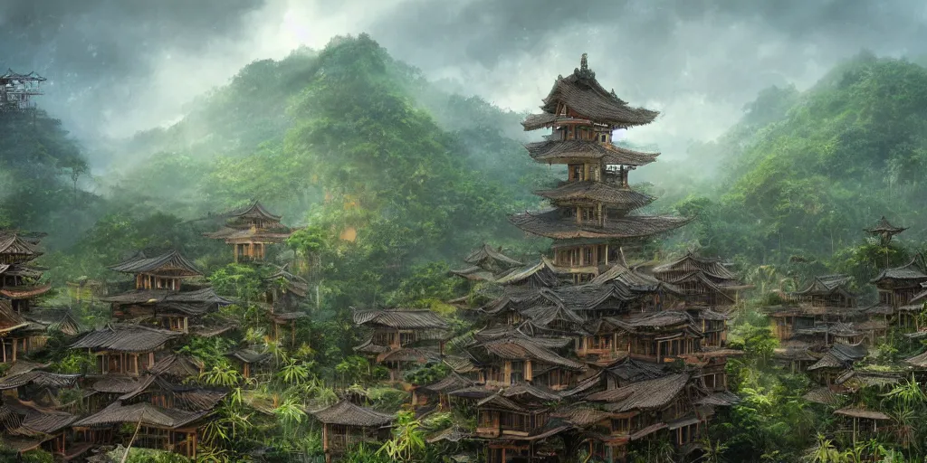 Image similar to a gigantic standing haunted samurai guardian dominates a huge hidden bamboo village in the jungle, evening, ominous sky, flags, matte painting, craig mullins