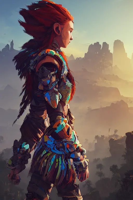 Image similar to combination suit armor aloy horizon forbidden west horizon zero dawn radiating a glowing aura global illumination ray tracing hdr fanart arstation by ian pesty and alena aenami artworks in 4 k tribal robot ninja mask helmet backpack