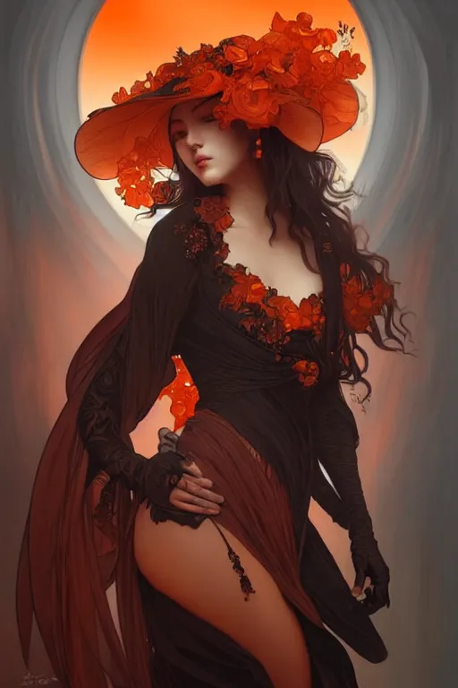 Image similar to orange black, dark fantasy, intricate, elegant, highly detailed, digital painting, artstation, concept art, matte, sharp focus, illustration, art by artgerm and alphonse mucha