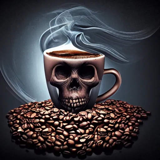 Image similar to a beautiful detailed 3 d matte whirlpool in a cup of coffee on a desk, ominous, magical realism, texture, intricate, skull, skeleton, whirling smoke radiant colors, fantasy, volumetric lighting, high details