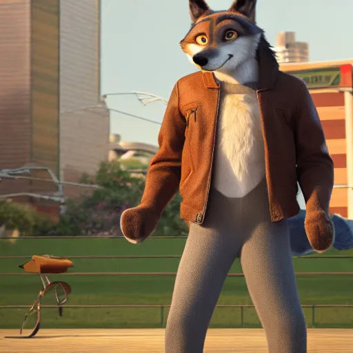 Image similar to far shot, 3d render , anthropomorphic wolf male , wearing along brown leather jacket , in the style of Zootopia