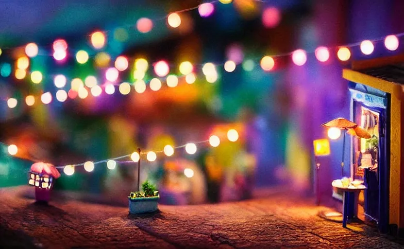 Image similar to mini cafe diorama macro photography, alleyway, cafe for felted animals, ambient, colorful paper lanterns, atmospheric photograph, string lights, romantic