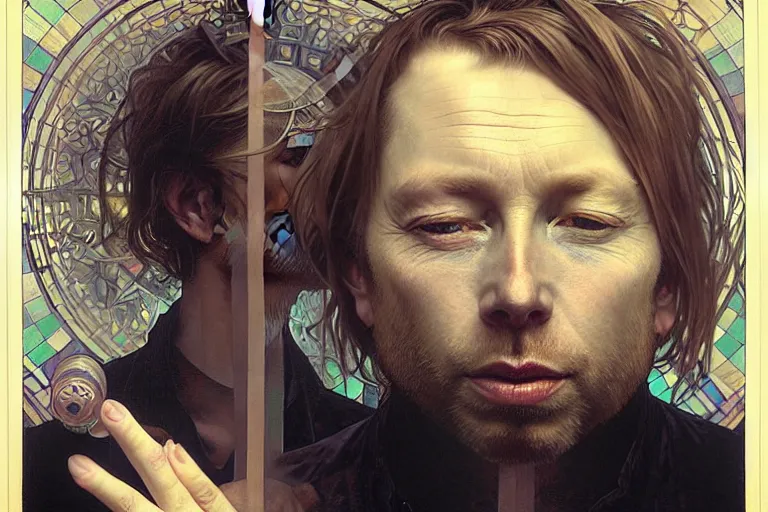 Prompt: hyper realistic portrait of wider faced thom singer songwriter yorke, by lee bermejo, alphonse mucha and greg rutkowski