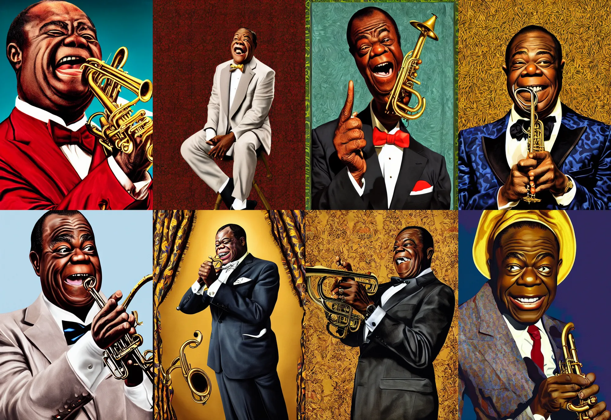 Prompt: a portrait of louis armstrong telling a joke, by kehinde wiley, dramatic lighting, highly detailed digital painting