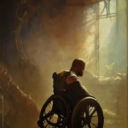 Image similar to handsome portrait of a wheelchair guy fitness posing, radiant light, caustics, war hero, one legged amputee, by gaston bussiere, bayard wu, greg rutkowski, giger, maxim verehin