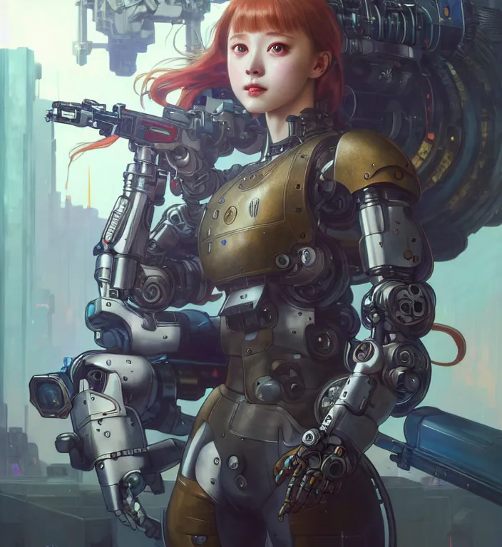 Image similar to full body painting of chuu loona cyberpunk mercenary smiling and fighting a robot, ultra realistic, concept art, intricate details, eerie, highly detailed, photorealistic, octane render, 8 k, unreal engine. art by artgerm and greg rutkowski and magali villeneuve and alphonse mucha