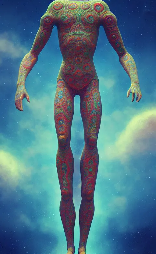 Prompt: anunnaki god, full body, planets, sky, dream, highly detailed, digital painting, refreshing, trending on artstation, octane render, illustration by james jean