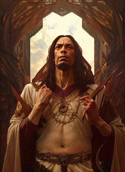 Image similar to renaissance painting of the rock as judge dreed, d & d, fantasy, intricate, elegant, highly detailed, digital painting, artstation, concept art, smooth, sharp focus, illustration, art by artgerm and greg rutkowski and alphonse mucha