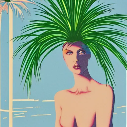 Image similar to nagel artwork 1 9 8 0 s palm tree beautiful woman, light grid in the background, soft haze