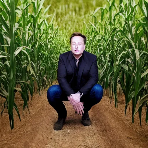 Prompt: elon musk squatting in a cornfield, high res photograph,