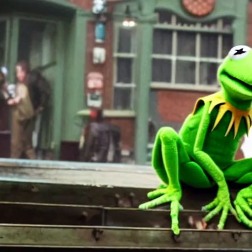 Prompt: photo of Kermit the frog as spiderman in averngers movie