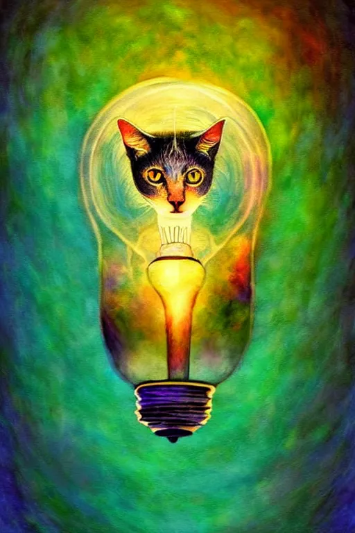 Image similar to portrait of an ethereal cat inside a light bulb, modern fine art, lithe, dreamscape, intricate, elegant, subsurface scattering, highly detailed, pop art painting, organic acrylic flow art, psychedelic surreal art, acrylic art, watercolor, featured on deviantart, cgsociety