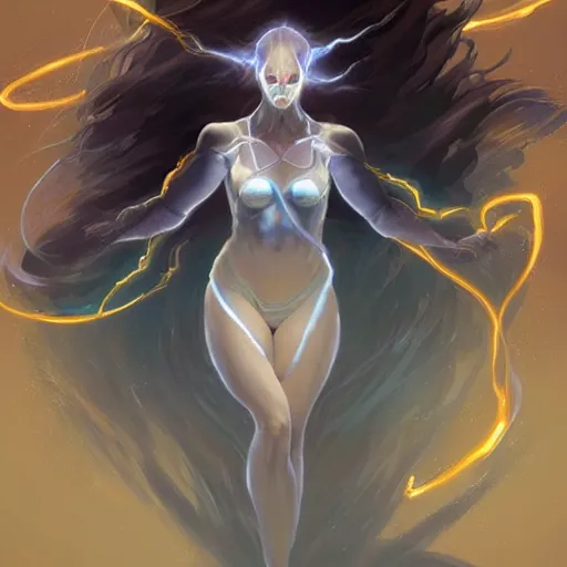 Image similar to female japanese lightning elemental, ghostly form, transparent, d & d, golden!!! palette, highly detailed, digital painting, artstation, concept art, sharp focus, illustration, cinematic lighting, art by artgerm and greg rutkowski and alphonse mucha