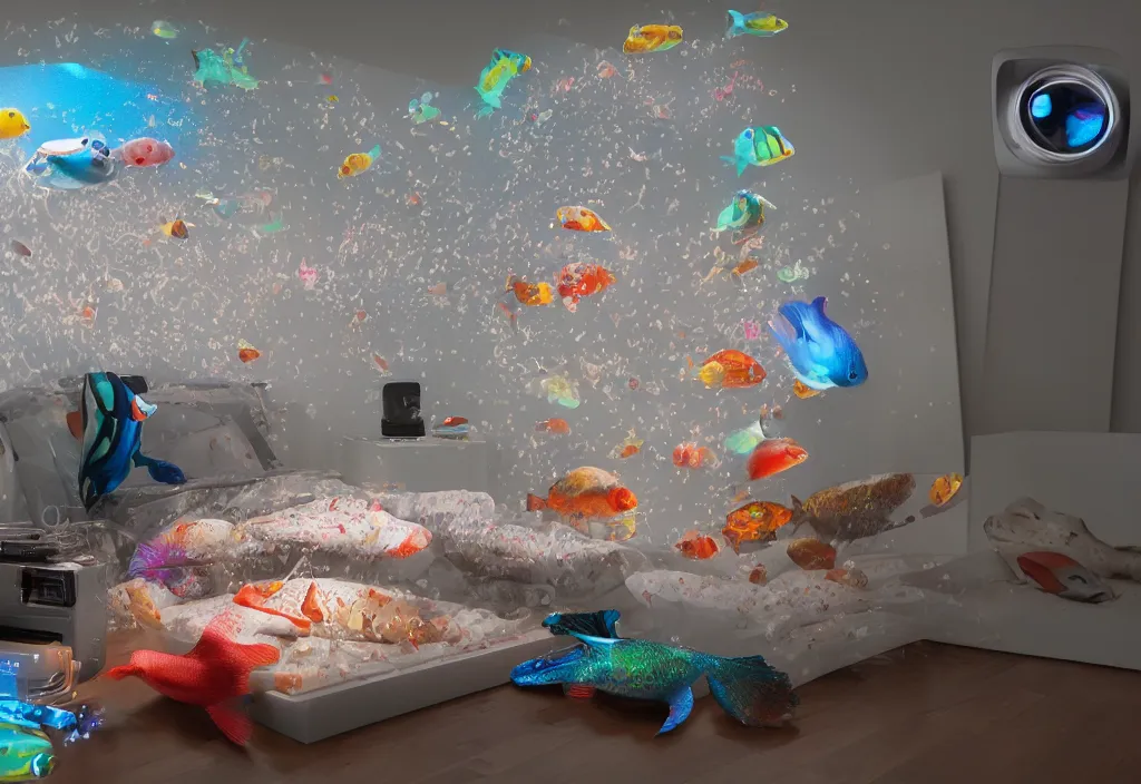 Image similar to 3 d fishes popping out of curved movie screen floating in bedroom, volumetric lighting, sleeping, pair of keycards on table, bokeh, creterion collection, shot on 7 0 mm, instax