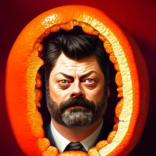 Image similar to nick offerman face inside an orange!, sci - fi and fantasy, intricate highly detailed digital painting, artstation, concept art, smooth and sharp focus, illustration, art by tan zi and ayanamikodon and alphonse mucha and wlop