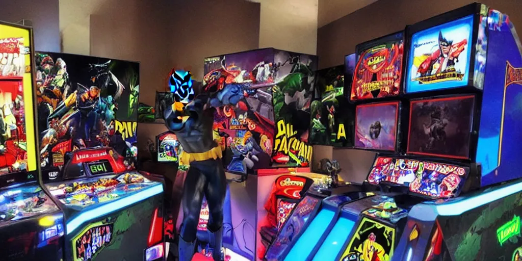 Prompt: batman playing arcade, rage quitting, photo