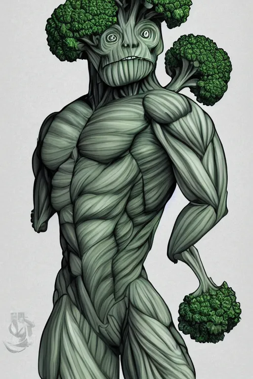 Image similar to a humanoid figure broccoli man, muscular, full body, highly detailed, digital art, sharp focus, trending on art station, anime art style