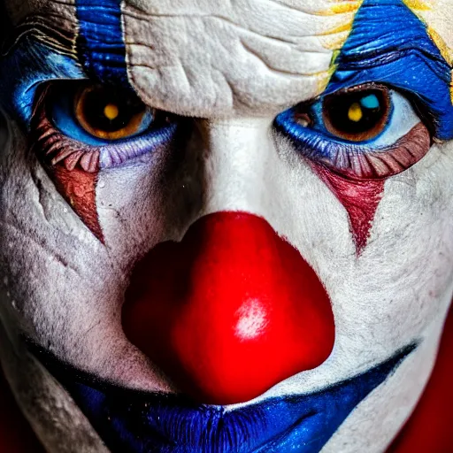 Image similar to An extreme close up photograph of a clown's painted face