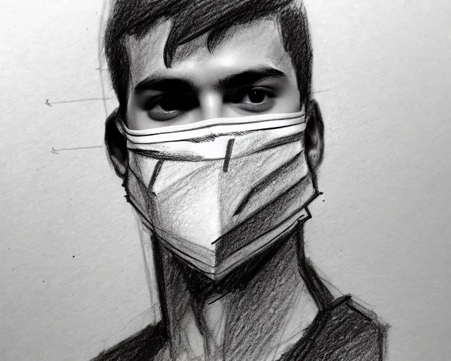 Prompt: draft drawing of a european young man covering face with fabric mask, draft sketch, trending on artstation, context art, pencil sketch, high detail