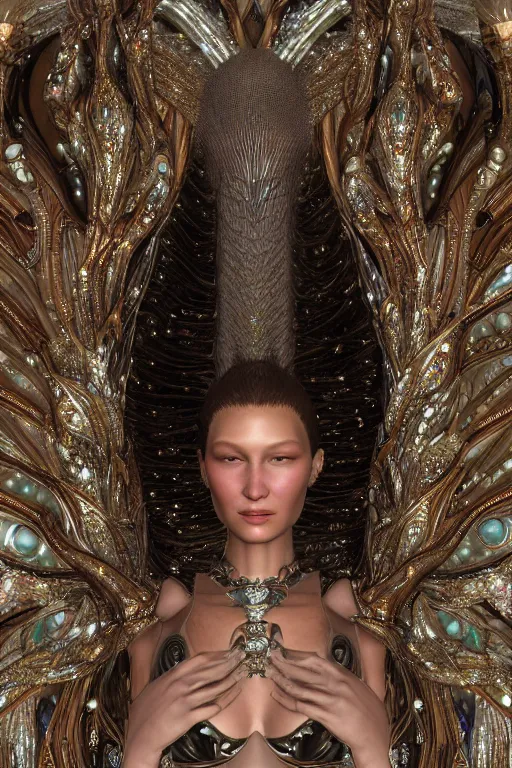 Image similar to a highly detailed metahuman 4 k close up render of an alien goddess bella hadid as andromeda in iris van herpen dress schiaparelli in diamonds crystals swarovski and jewelry in style of alphonse mucha gustav klimt trending on artstation made in unreal engine 4