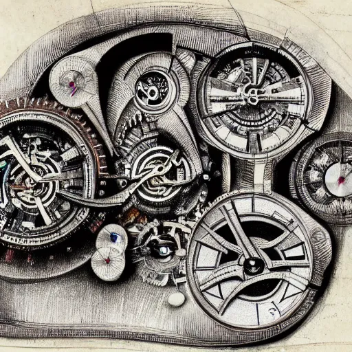 Image similar to Sketch of an exploded view of a futuristic mechanical watch by Leonardo Da Vinci with comments and highly detailed.