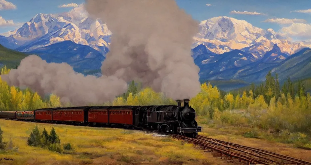 Image similar to a steam train in the distance, rocky mountains!, smoke in the distance!, beautiful, by norman wilson, oil painting, valley!