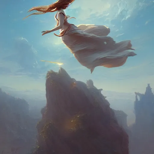 Prompt: a woman flying with help of air, upon floating island by greg rutkowski and thomas kinkade, Trending on artstation