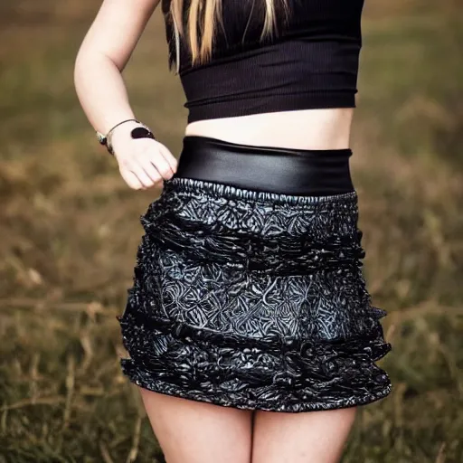 Image similar to teen goth girl in mini skirt and crop top, intricate, extremely detailed, modeling photography, teen
