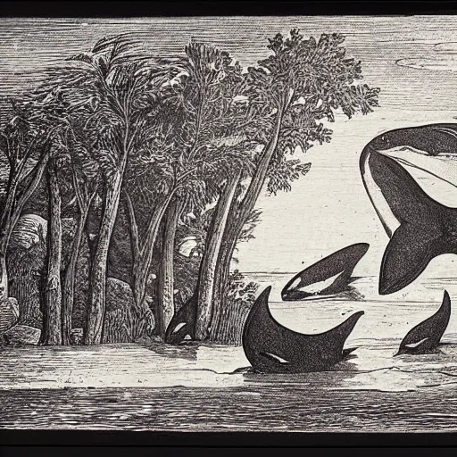 Prompt: orcas reading from a magical book, engraving from 1700s