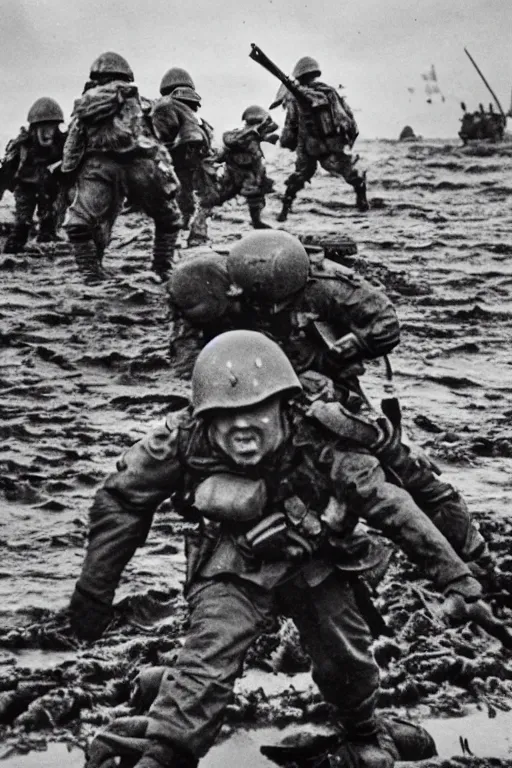 Image similar to an epic scene of elmo on the battlefield on d - day storming the beaches of normandy, wide - angle