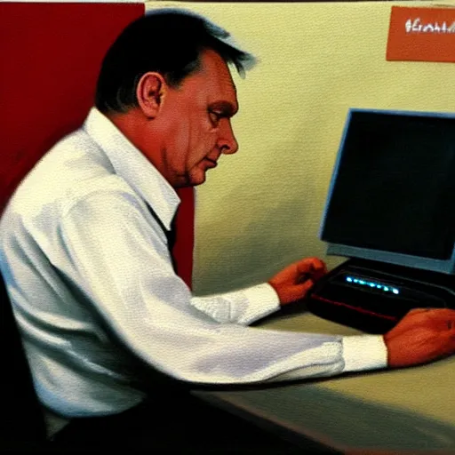 Image similar to viktor orban programming a computer in a cubicle, oil painting